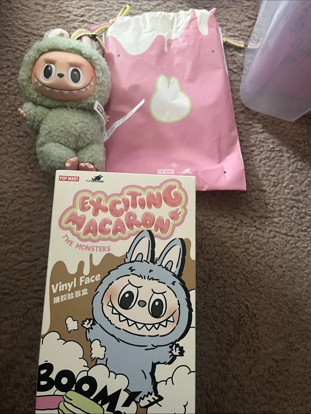Labubu Green Fuzzy Monster Keychain Plush with Pink Packaging